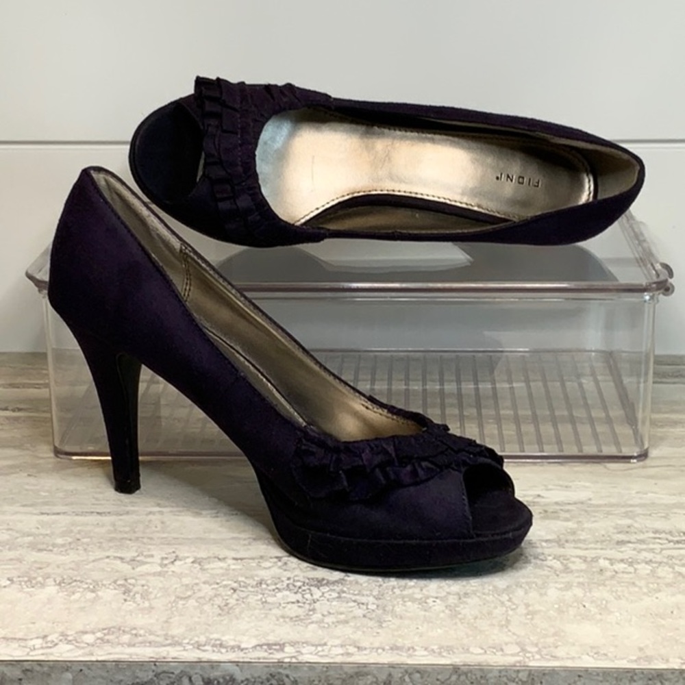 Fioni Womens Peep Toe Pumps Deep Purple Faux Suede Ruffles High Heels 8.5